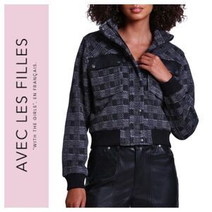 NWT Avec Les Filles Black & Grey Plaid Cropped Bomber Jacket